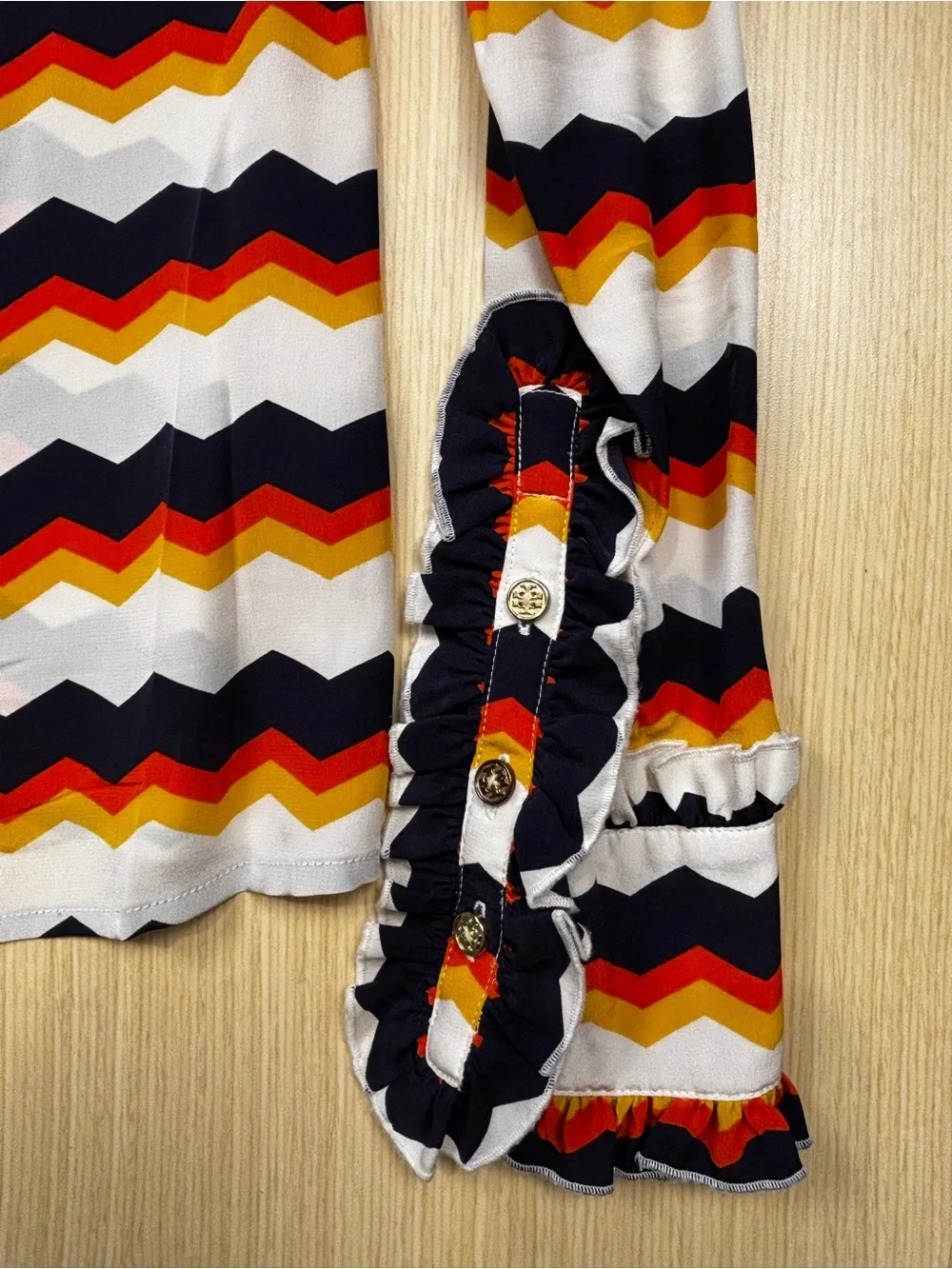 Tory Burch Silk Chevron Zig Zag Tie Neck Blouse Orange Navy Button Down Top Sz 4